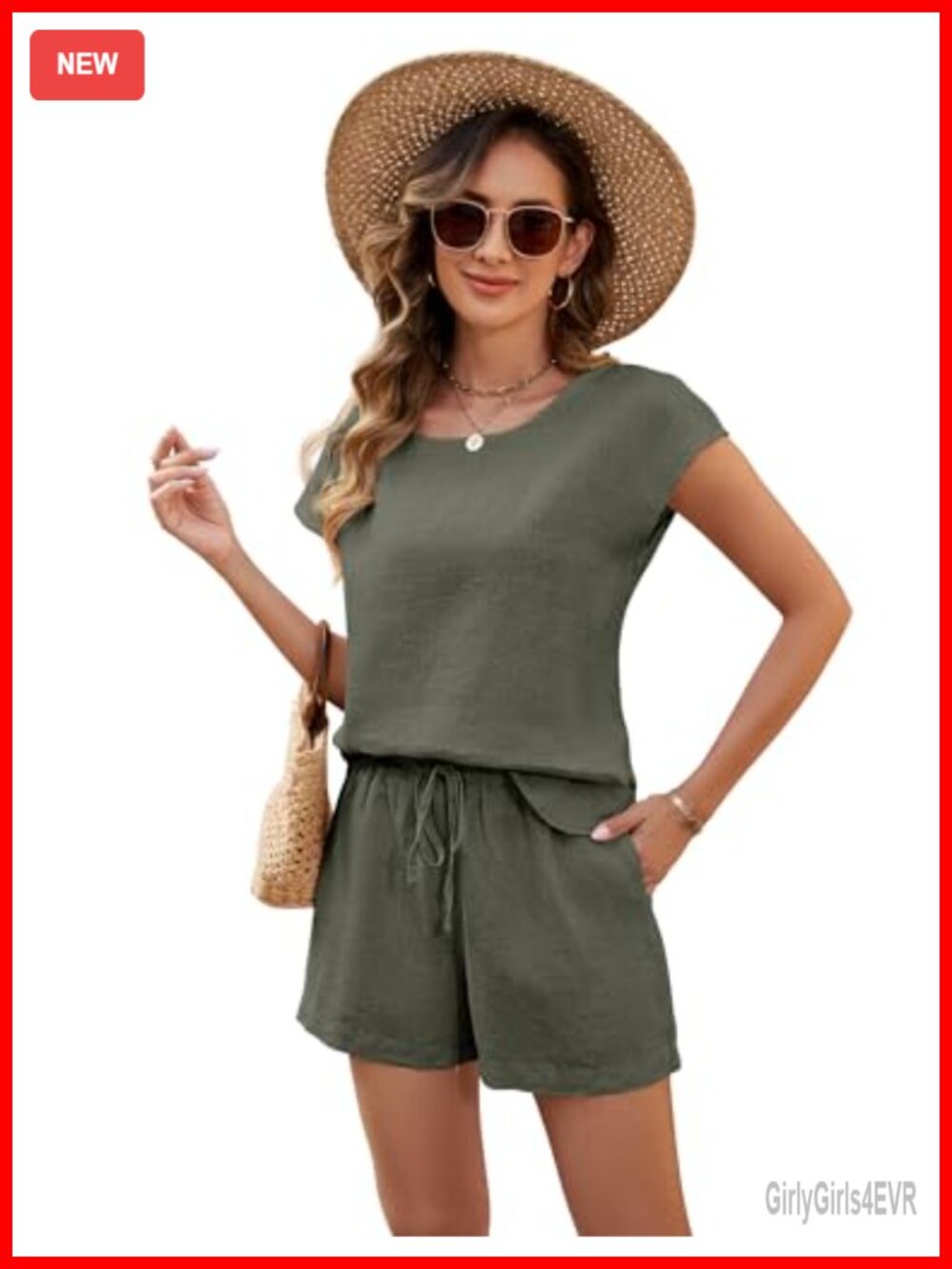100% Linen 2 Piece Lounge Set Short Sleeve Top & Drawstring Shorts